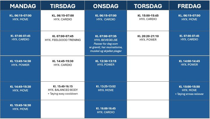 Kalenderoversikt treningsøkter